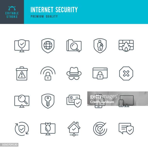 illustrazioni stock, clip art, cartoni animati e icone di tendenza di sicurezza internet - set di icone vettoriali a linea sottile - sorveglianza