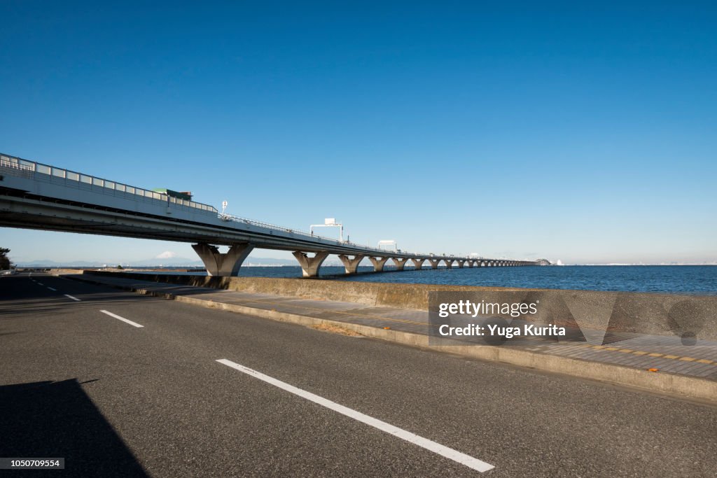 Mt. Fuji under the Tokyo Aqua-Line Bridge