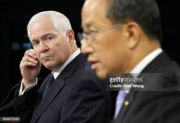 Secretary of Defense Robert Gates and South Korean Minister of National Defense Kim Tae-young participate in a joint press conference October 8, 2010...