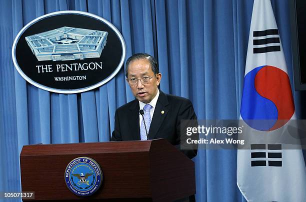 South Korean Minister of National Defense Kim Tae-young speaks during a joint press conference October 8, 2010 at the Pentagon in Arlington,...