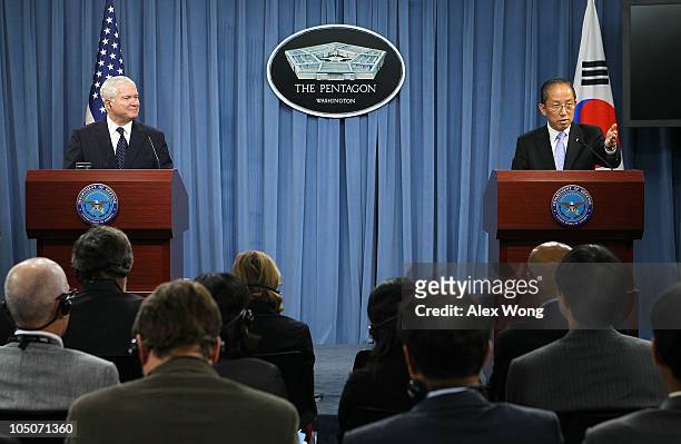 Secretary of Defense Robert Gates and South Korean Minister of National Defense Kim Tae-young participate during a joint press conference October 8,...