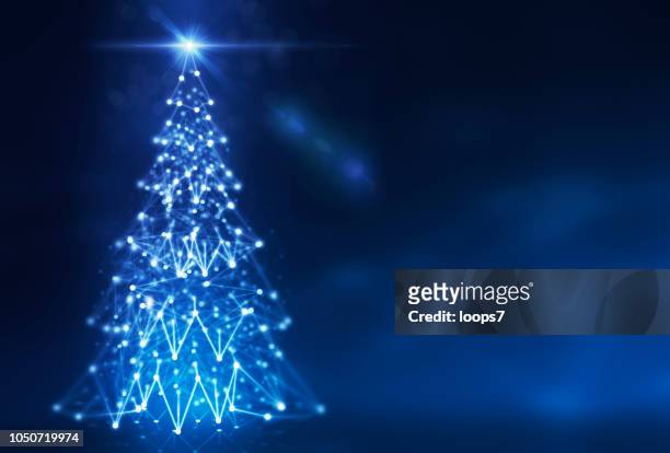 weihnachtsbaum gemacht von netzwerkverbindungen - blue tree 3d stock-grafiken, -clipart, -cartoons und -symbole