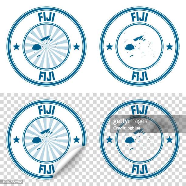 fiji - blue sticker and stamp with name and map - fiji map stock illustrations