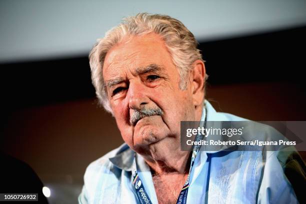Former president of Uruguay Pepe Mujica present his latest book "A Black Sheep Bring The Power" during his visit at FICO Agri-Food Park on August 29,...
