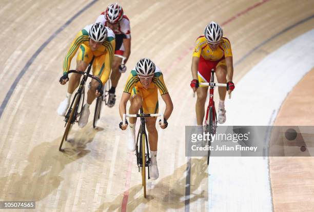 Cameron Meyer of Australia leads the race in the mens cycling 20km scratch final at IG Sports Complex during day five of the Delhi 2010 Commonwealth...