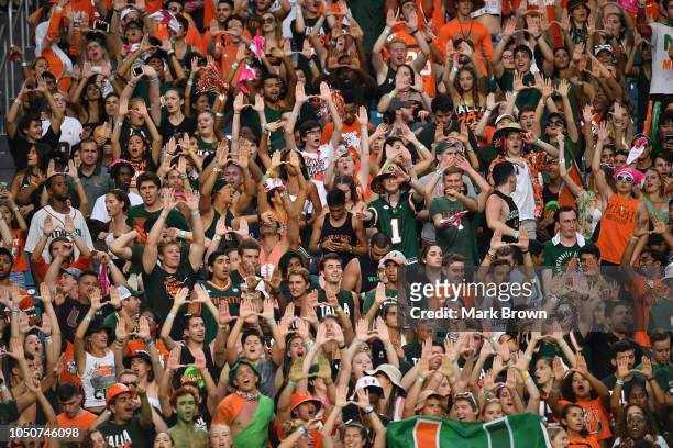 Fans of the Miami Hurricanes during the game between the Miami Hurricanes and the Florida State Seminoles at Hard Rock Stadium on October 6, 2018 in...