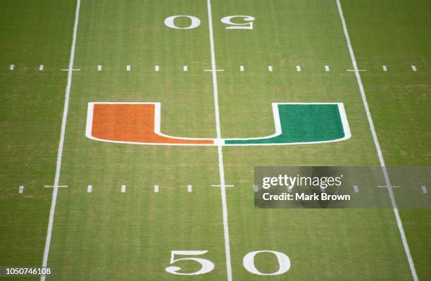 General view of the Miami Hurricanes logo before the game between the Miami Hurricanes and the Florida State Seminoles at Hard Rock Stadium on...