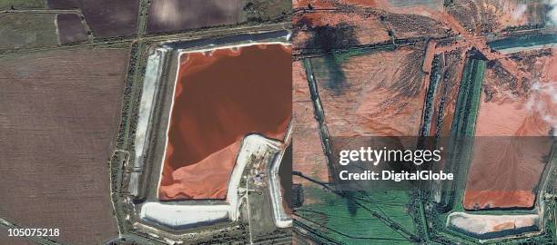 This composite satellite image shows the toxic spill - October 5, Left and October 8, Right - as it spreads over the landscape, in Ajka, Hungary. A...