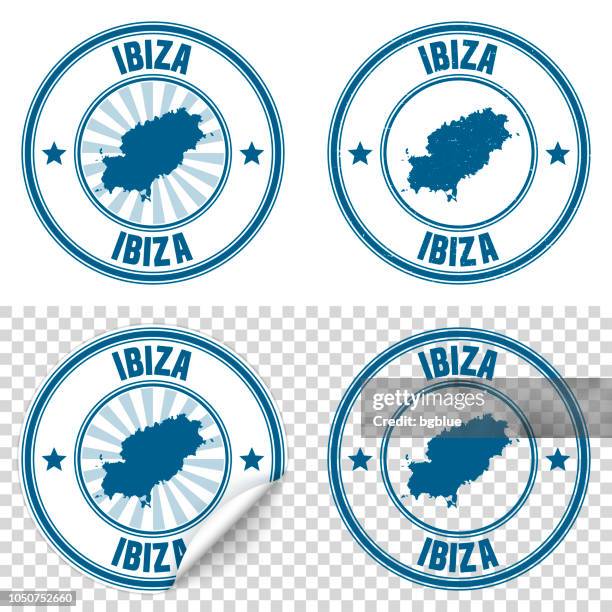 ibiza - blue sticker and stamp with name and map - ibiza island stock illustrations