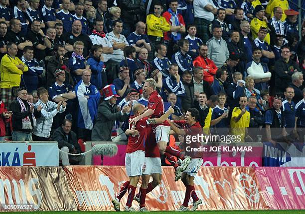 Czech players celebrate their goal to 1:0 during the group E of UEFA EURO2012 qualifying match between Czech Republic and Scotland in Prague on...