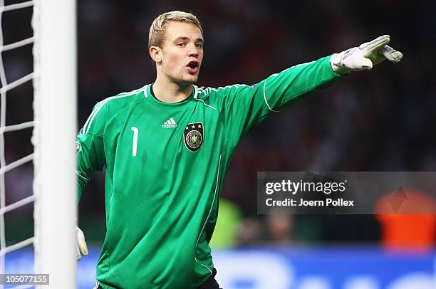 Manuel Neuer of Germany gestures during the EURO 2012 Group A qualifier match between Germany and Turkey at Olympia Stadium on October 8, 2010 in...