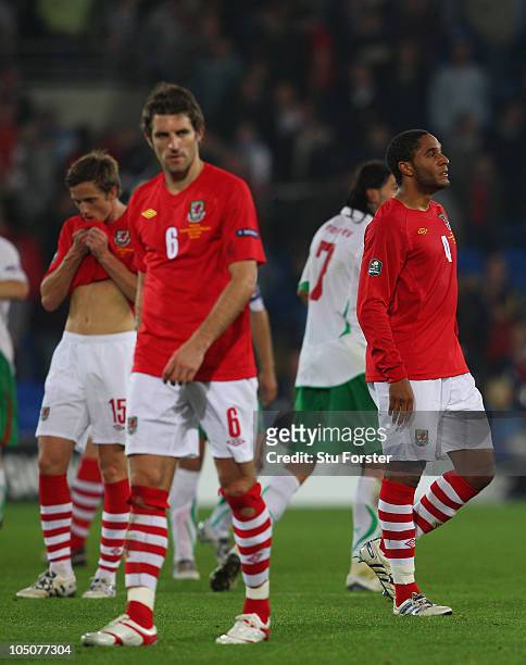 Wales captain Ashley Williams and Sam Ricketts look on dejectedly at the end of the EURO 2012 Group G Qualifier between Wales and Bulgaria at Cardiff...