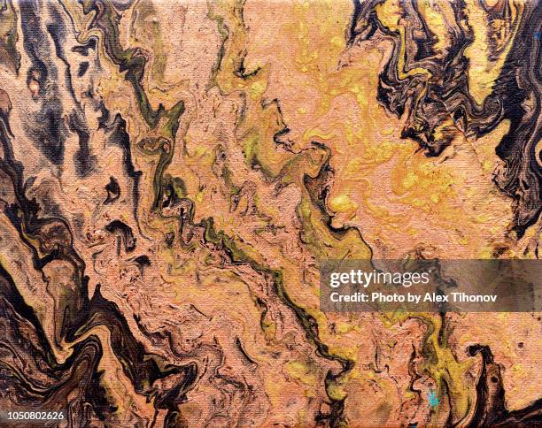 abstract colourful background texture fluid art acrylic paints. brown golden black and green colours - gold color foto e immagini stock