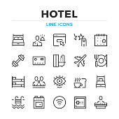 Hotel line icons set. Hotel amenities, hotel facilities. Modern outline elements, graphic design concepts. Stroke, linear style. Simple symbols collection. Vector line icons