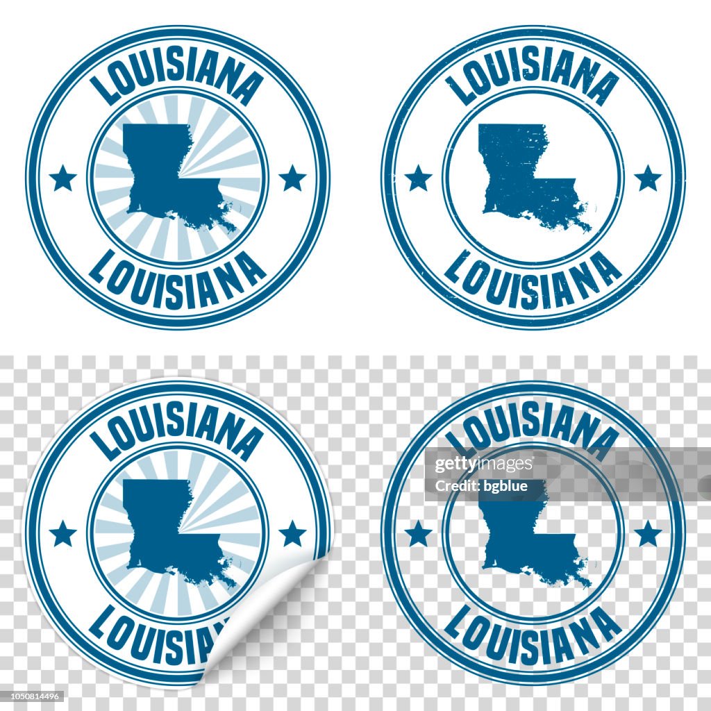 Louisiana - etiqueta engomada azul y sello con nombre y mapa