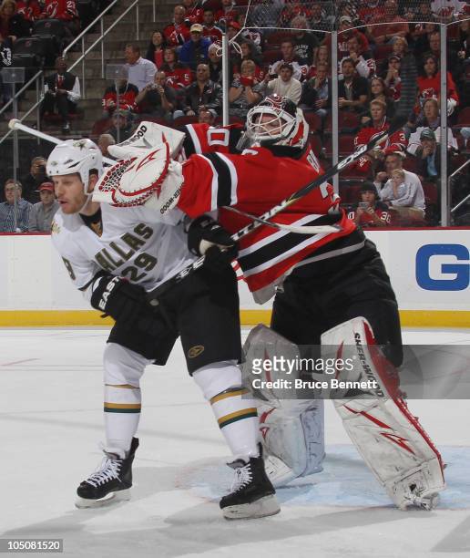 Steve Ott of the Dallas Stars is hit by Martin Brodeur of the New Jersey Devils at the Prudential Center on October 8, 2010 in Newark, New Jersey....