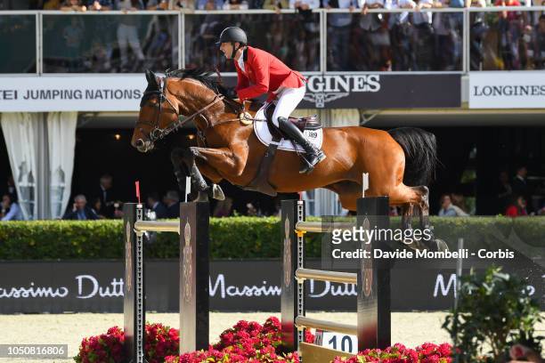 Pieter Devos of Belgium riding Claire Z, during Longines FEI Jumping Nations Cup Final Competition on October 7, 2018 in Barcelona, Spain.