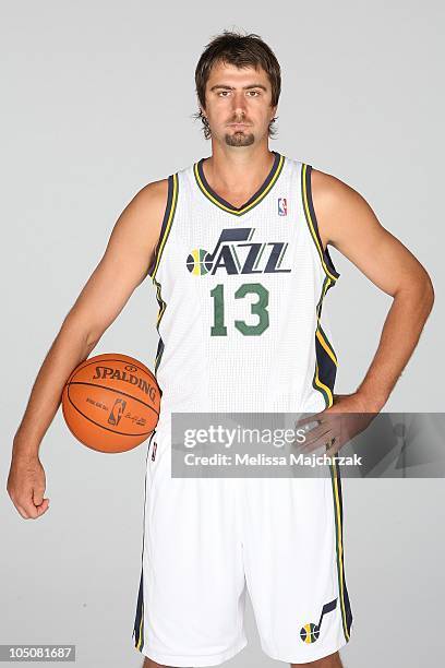 Mehmet Okur of the Utah Jazz poses for a portrait during NBA Media Day at the Zions Basketball Center on September 27, 2010 in Salt Lake City, Utah....