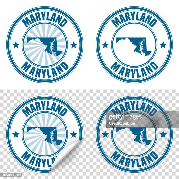 maryland - blue sticker and stamp with name and map - maryland us state stock illustrations