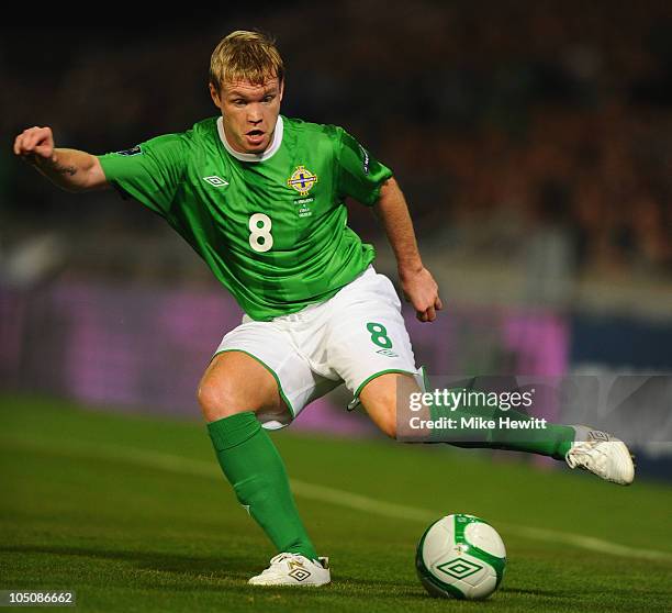 Grant McCann of Northern Ireland in action during the EURO 2012 Qualifier Group C match between Northern Ireland and Italy at Windsor Park on October...