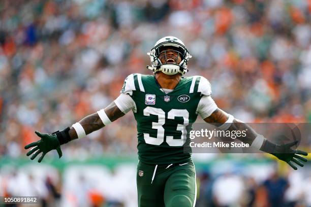 Jamal Adams of the New York Jets reacts against the Denver Broncos during the second half in the game at MetLife Stadium on October 07, 2018 in East...