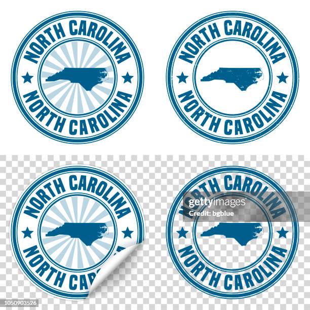 ilustraciones, imágenes clip art, dibujos animados e iconos de stock de carolina del norte - etiqueta engomada azul y sello con nombre y mapa - charlotte carolina del norte