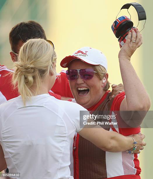 Anita North of England celebrates her gold medal in the Womens SIngles Trap at the Dr Karni Singh Shooting Range during day six of the Delhi 2010...