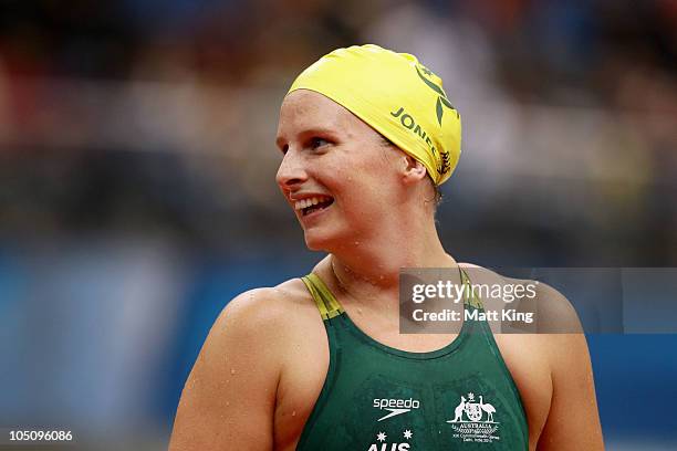 Leisel Jones of Australia celebrates finishing the Women's 4x100m Medley Relay Final in first place and wins the gold medal at Dr. S.P. Mukherjee...