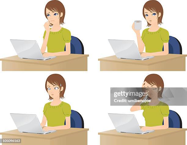 lady using laptop computer. she has trouble. - study room interior stock illustrations