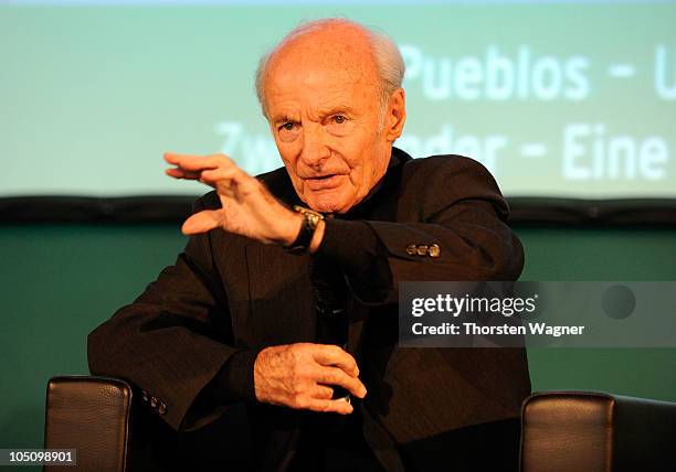 Head coach Dettmar Cramer of German writers team talks during the DFB writers league meeting at Book Fair 2010 on October 9, 2010 in Frankfurt am...