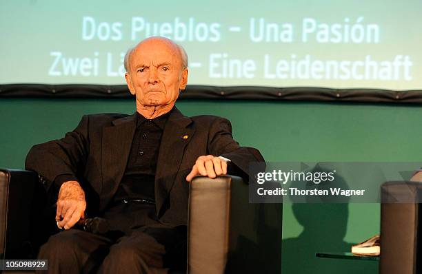 Head coach Dettmar Cramer of German writers team talks during the DFB writers league meeting at Book Fair 2010 on October 9, 2010 in Frankfurt am...