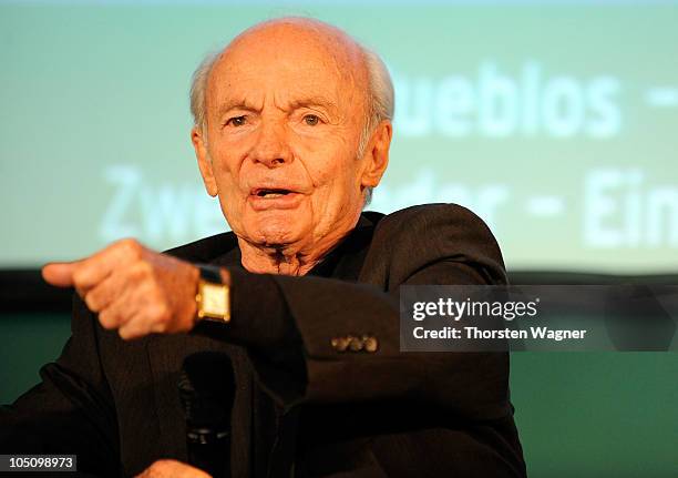 Head coach Dettmar Cramer of German writers team talks during the DFB writers league meeting at Book Fair 2010 on October 9, 2010 in Frankfurt am...