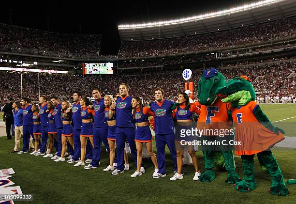 Cheerleaders and mascots of the Florida Gators during the game against the Alabama Crimson Tide at Bryant-Denny Stadium on October 2, 2010 in...