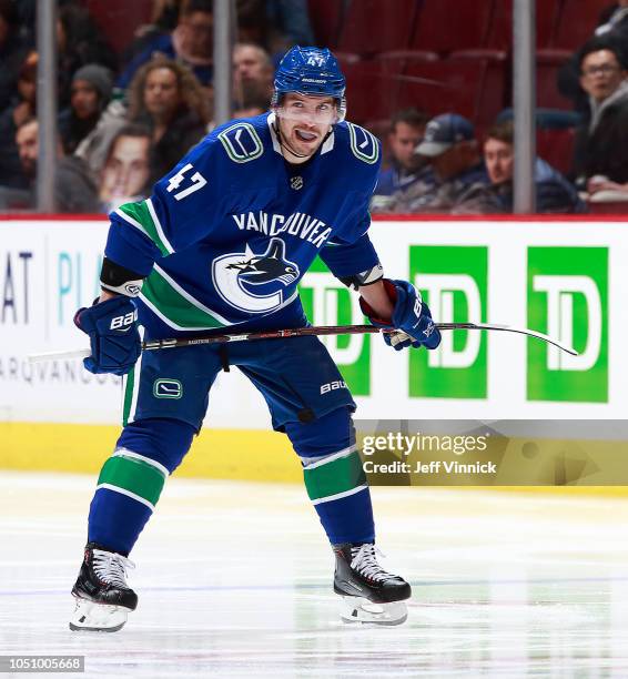 Sven Baertschi of the Vancouver Canucks skates up ice during their NHL game against the Calgary Flames at Rogers Arena October 3, 2018 in Vancouver,...