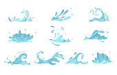Water splashes collection blue waves wavy symbols.