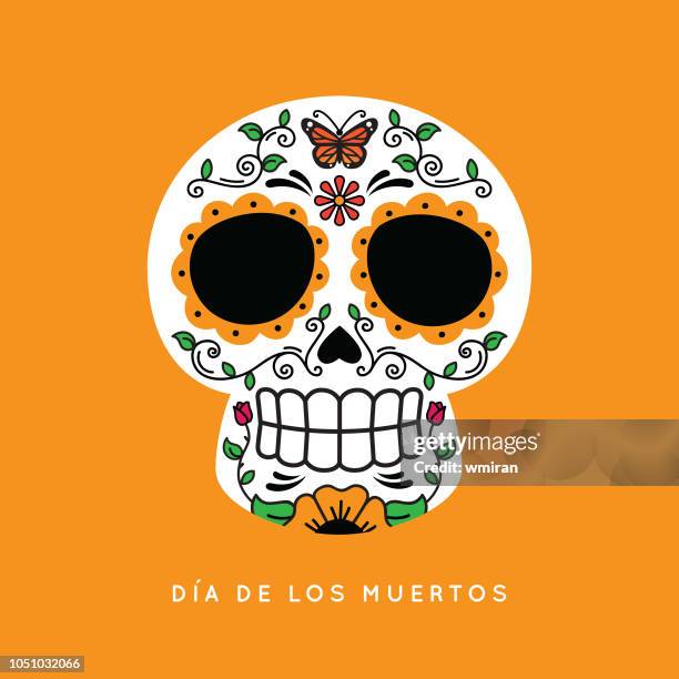 stockillustraties, clipart, cartoons en iconen met dag van de dode schedel met monarchvlinders - sugar skull