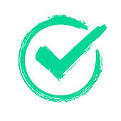 Green grunge check mark. Correct answer, checking vote or choice approval icon. Checked circle vector symbol
