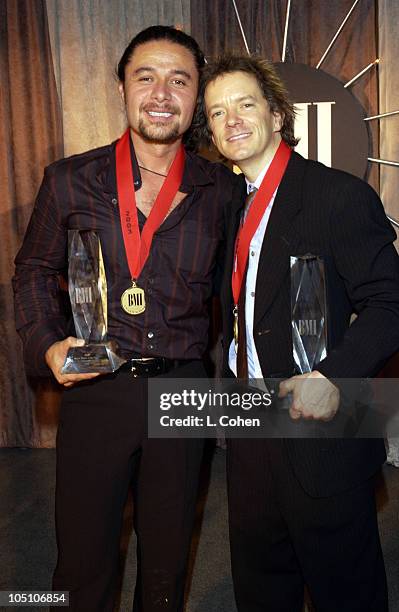 Estefano celebrates his second consecutive win as BMI Songwriter of the Year with Tim Mitchell, co-writer of Song of the Year "Suerte" at BMI's 10th...