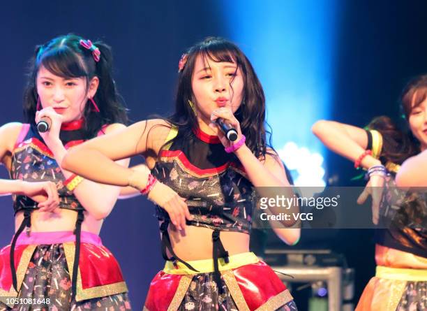 Members of Japanese idol girl group NMB48 perform onstage during the 'NMB48 Asia Tour 2018' at the Bandai Namco Shanghai Base on October 7, 2018 in...