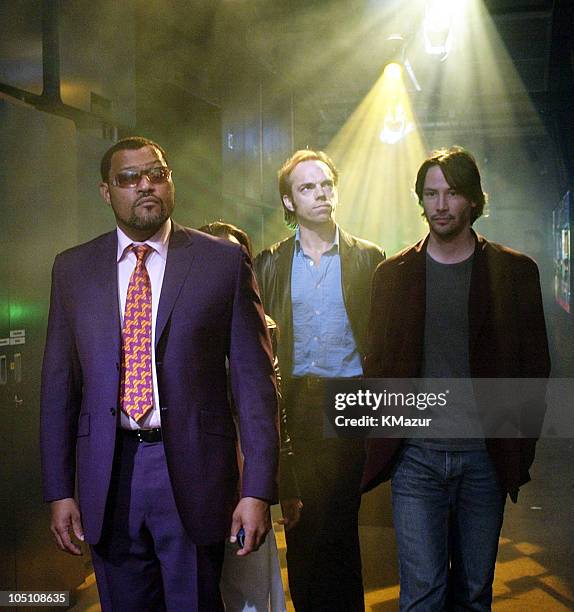 Laurence Fishburne, Hugo Weaving and Keanu Reeves during The Cast of "The Matrix Reloaded" and P.O.D. Visit MTV's "TRL" - May 5, 2003 at MTV Studios,...