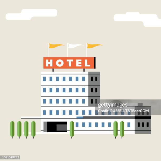 ilustraciones, imágenes clip art, dibujos animados e iconos de stock de edificio hotel + banderas - hotel