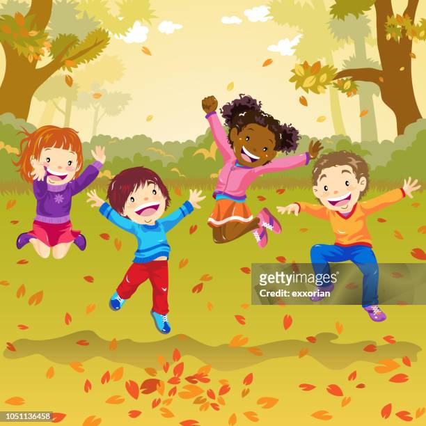ilustraciones, imágenes clip art, dibujos animados e iconos de stock de niños saltando en otoño - sonrisa con dientes