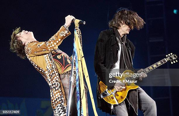 Steven Tyler and Joe Perry of Aerosmith during Z100's Zootopia 2003 - Show at Giants Stadium in East Rutherford, New Jersey, United States.