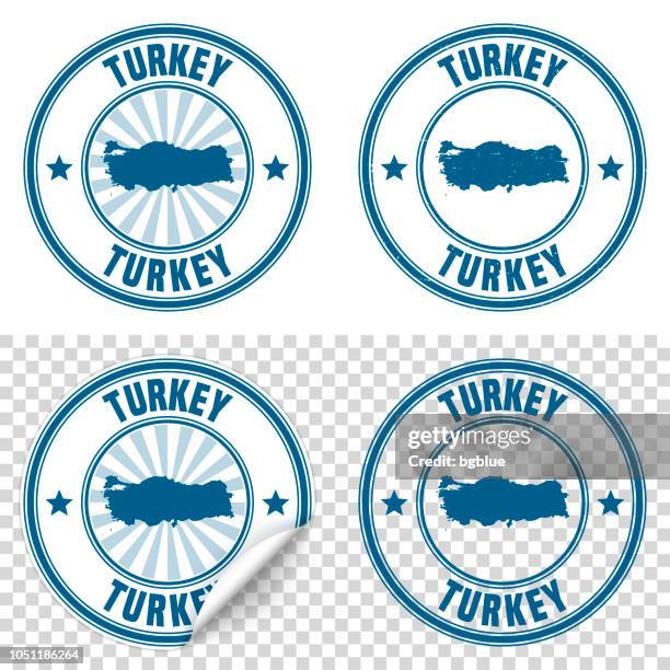 turkey - blue sticker and stamp with name and map - turkey country outline stock illustrations