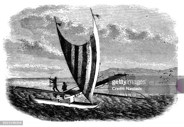 ilustrações de stock, clip art, desenhos animados e ícones de boat with outrigger from the south sea islands ,pirogue, santa cruz - cultura polinésia