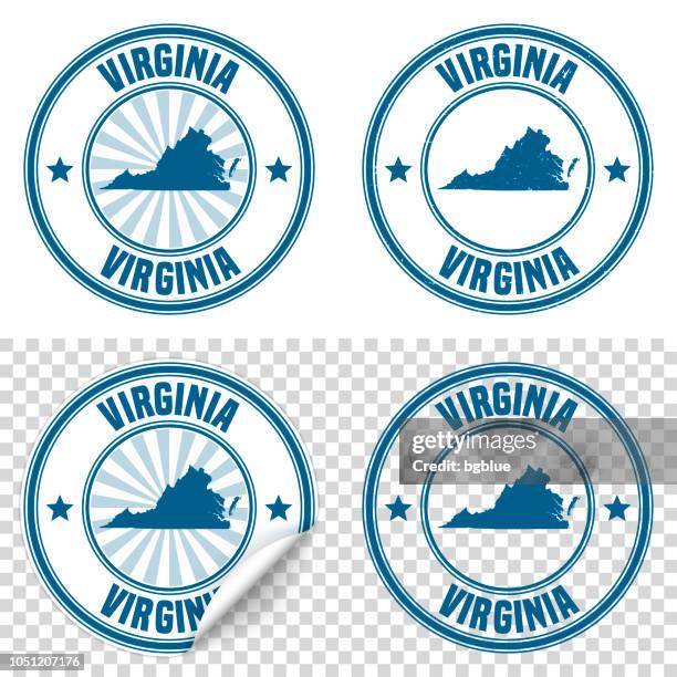 virginia - blue sticker and stamp with name and map - virginia us state stock illustrations