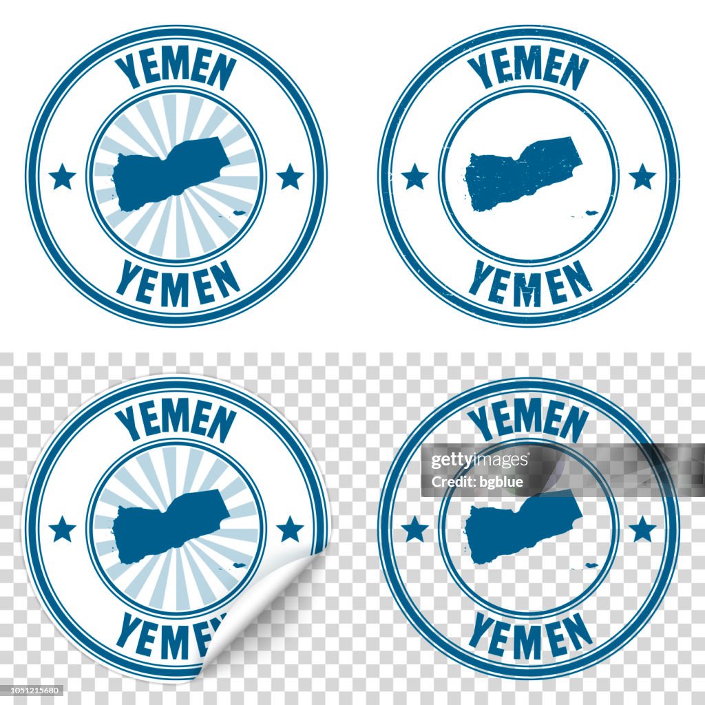 Yemen - Blue sticker and stamp with name and map