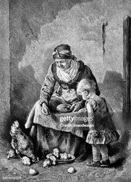 grandmother feeds her chicks. the grandson looks at it - 1888 - senior women stock illustrations