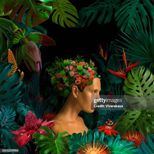 surreal jungle portrait - modern art people stock pictures, royalty-free photos & images