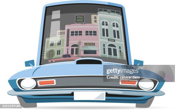 american car and city reflection - car window reflection stock illustrations